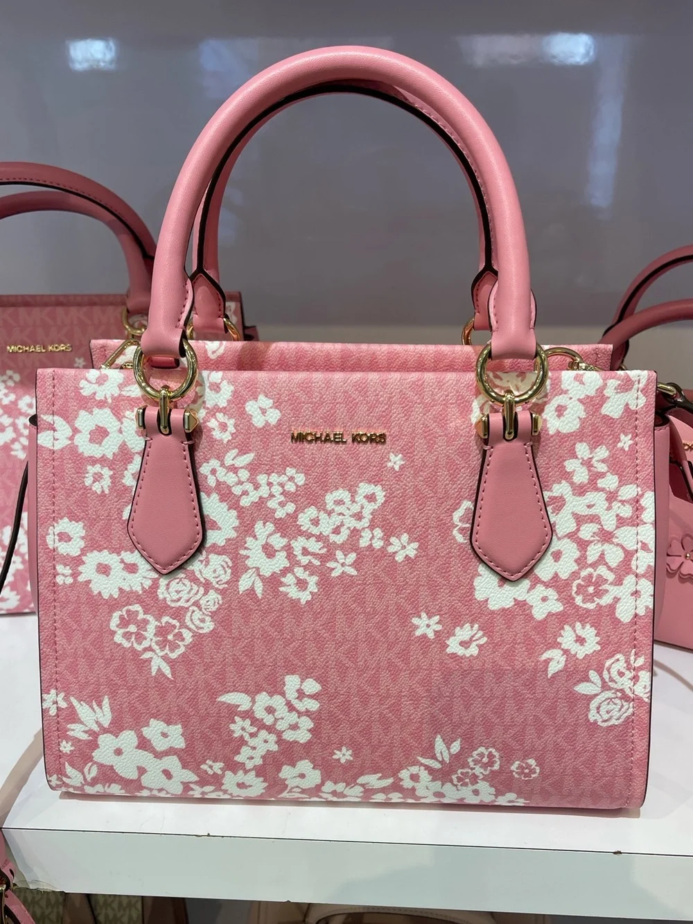 MICHAEL KORS Marilyn Md Printed Signature Logo Satchel Crossbody  Carnation  NWT
